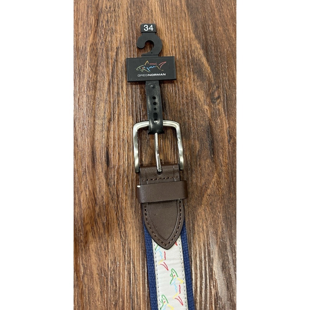 Greg Norman Mens 34 Golf Belt Blue Canvas/ Brown Leather New With Tags